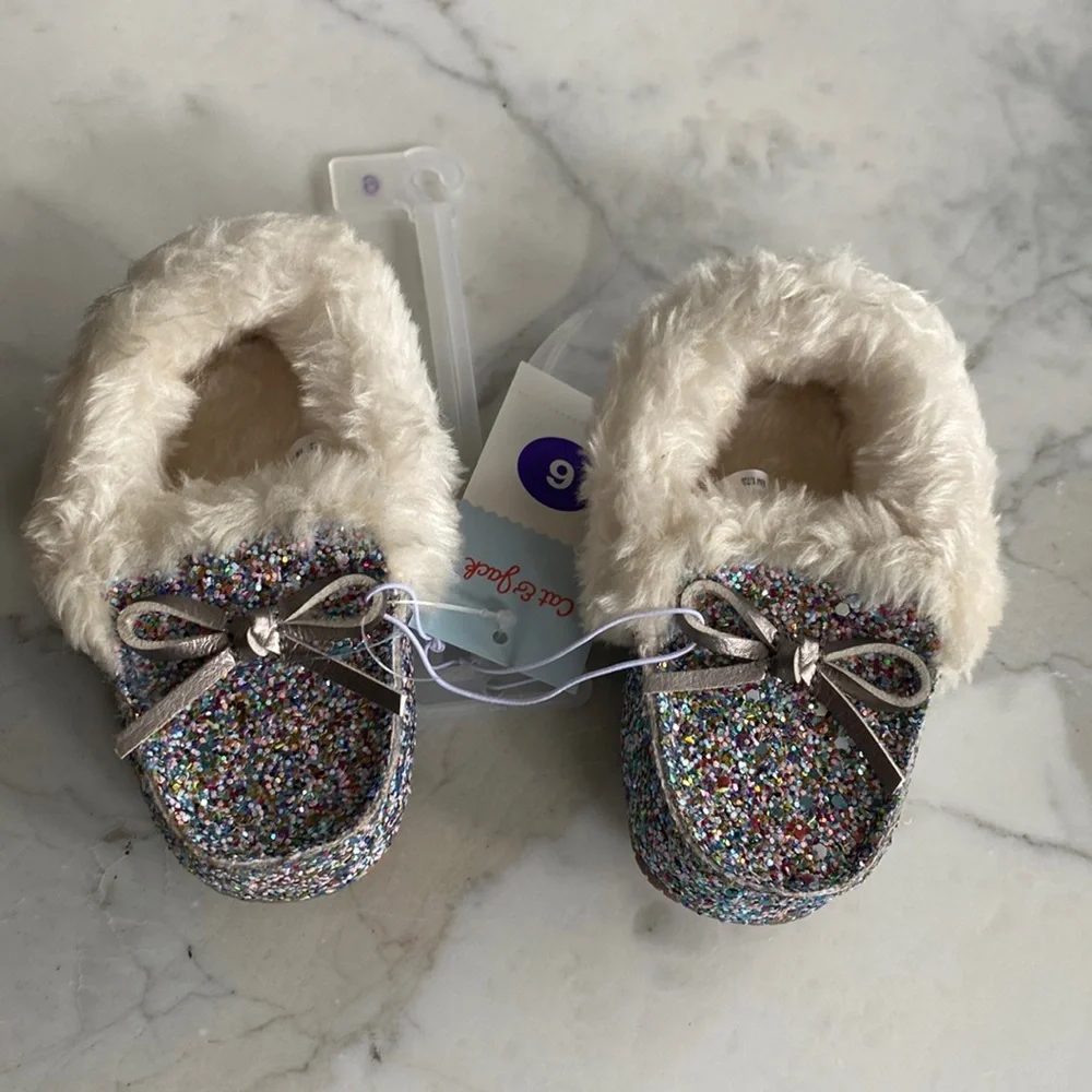 Cat and Jack Moccasins‎ Slippers size 6 Multicolored Glitter fuzzy
